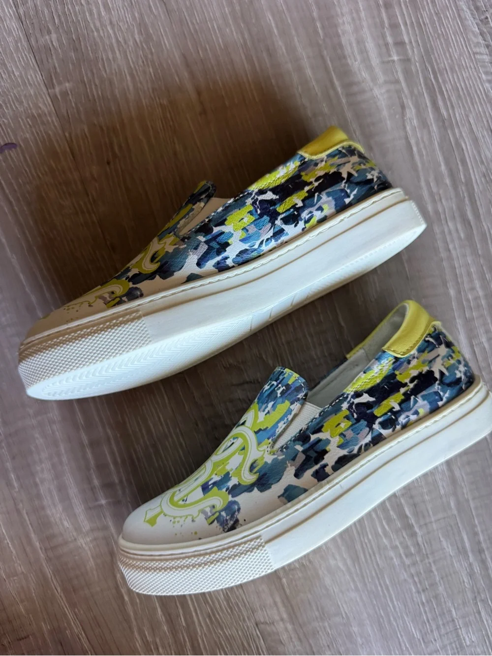 Slip-On Sneakers with Blue, Yellow & White Abstract Print